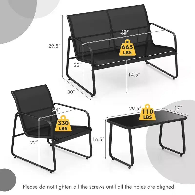 Costway ensemble de mobilier de terrasse 4 pièces avec table basse en verre trempé, fauteuil et causeuse d’extérieur