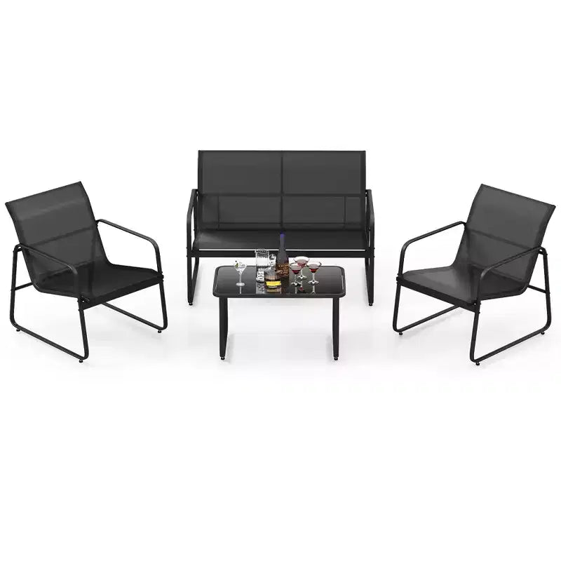 Costway ensemble de mobilier de terrasse 4 pièces avec table basse en verre trempé, fauteuil et causeuse d’extérieur