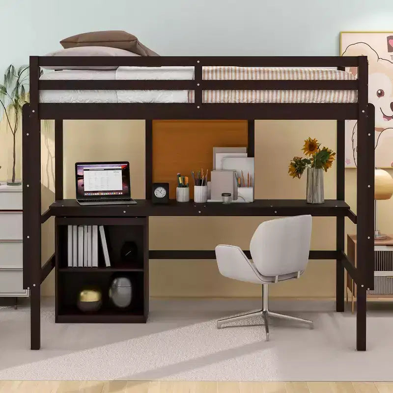 Letto a soppalco in legno con scrivania, piano per scrivere e mobiletto con 2 cassetti - ModernLuxe