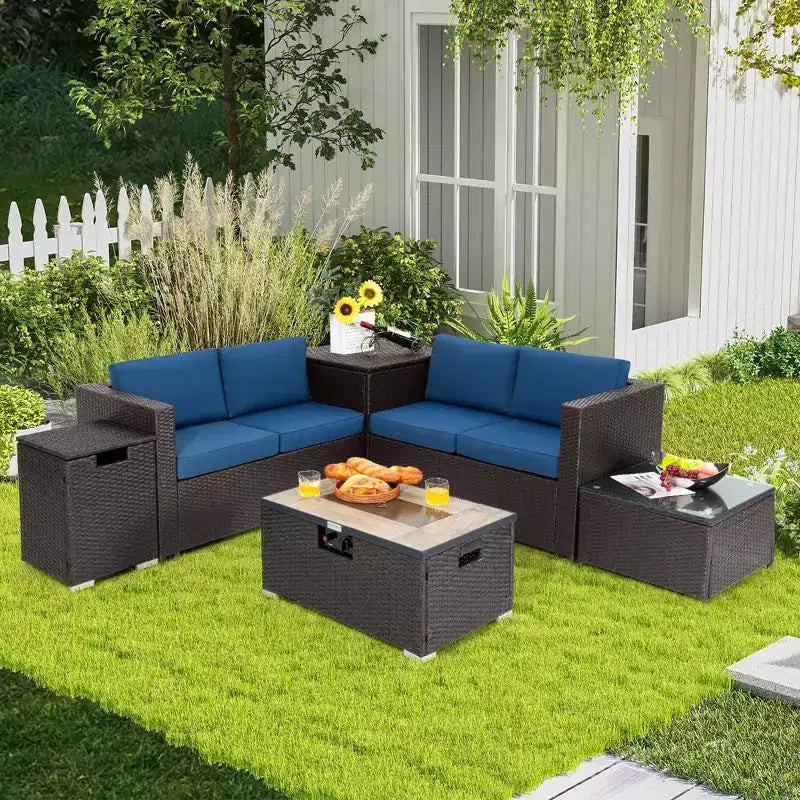 Set di mobili da giardino in rattan da 6 pezzi Costway, tavolo con braciere da 32'' e supporto per bombola, con copertura, beige/blu navy/rosso/turchese