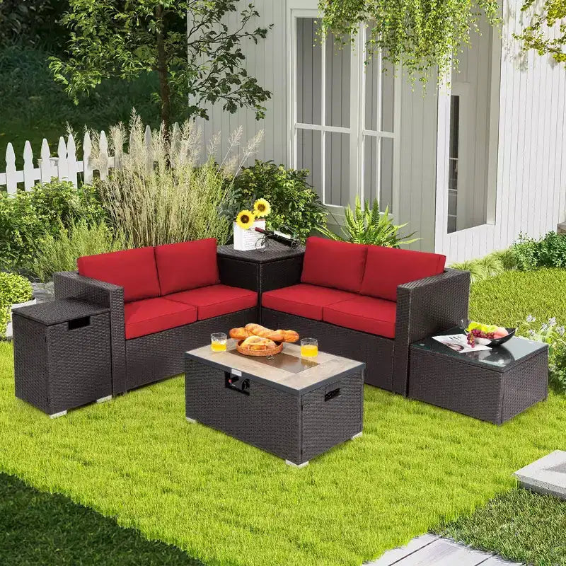 Set di mobili da giardino in rattan da 6 pezzi Costway, tavolo con braciere da 32'' e supporto per bombola, con copertura, beige/blu navy/rosso/turchese