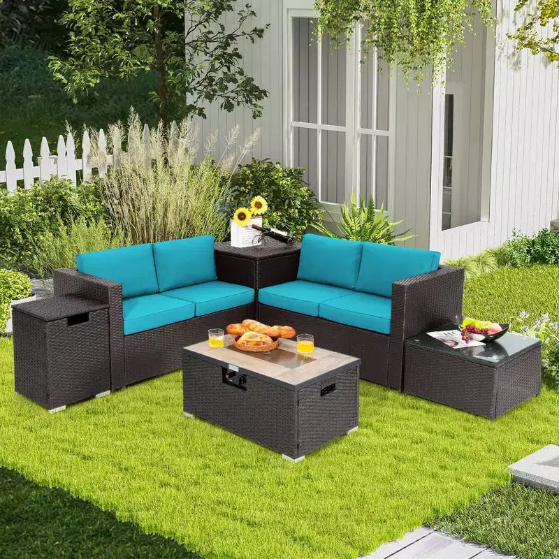 Set di mobili da giardino in rattan da 6 pezzi Costway, tavolo con braciere da 32'' e supporto per bombola, con copertura, beige/blu navy/rosso/turchese