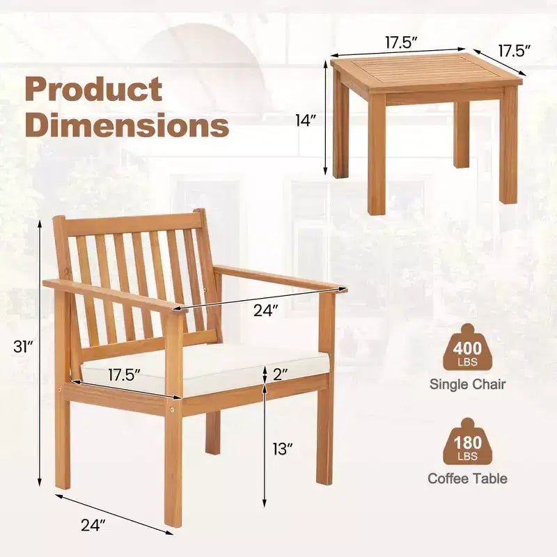 Ensemble de mobilier de patio en bois Costway, 3 pièces, chaises et table basse en bois d’acacia avec coussins moelleux, gris/blanc