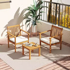 Ensemble de mobilier de patio en bois Costway, 3 pièces, chaises et table basse en bois d’acacia avec coussins moelleux, gris/blanc