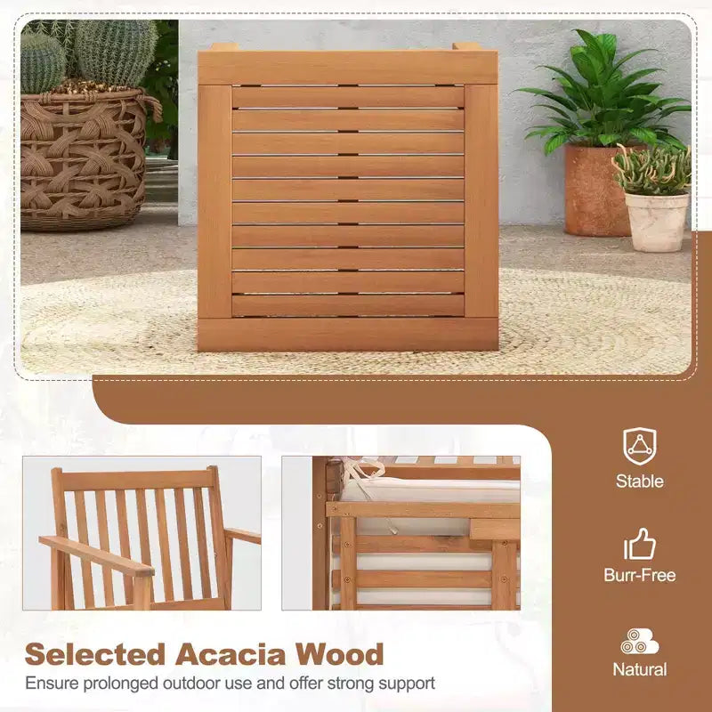 Ensemble de mobilier de patio en bois Costway, 3 pièces, chaises et table basse en bois d’acacia avec coussins moelleux, gris/blanc