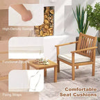 Ensemble de mobilier de patio en bois Costway, 3 pièces, chaises et table basse en bois d’acacia avec coussins moelleux, gris/blanc