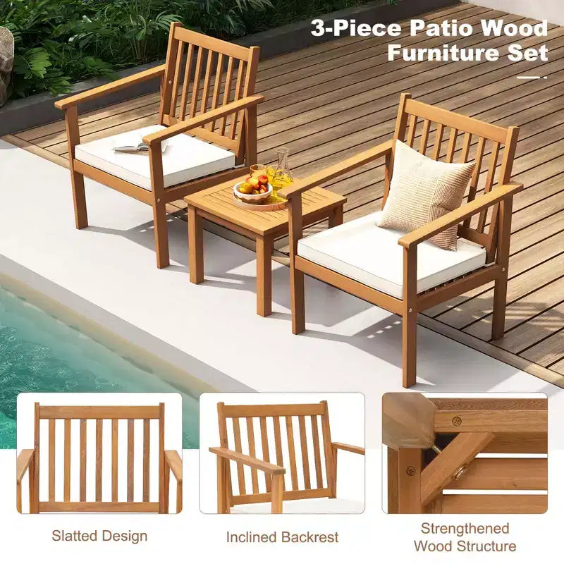Ensemble de mobilier de patio en bois Costway, 3 pièces, chaises et table basse en bois d’acacia avec coussins moelleux, gris/blanc