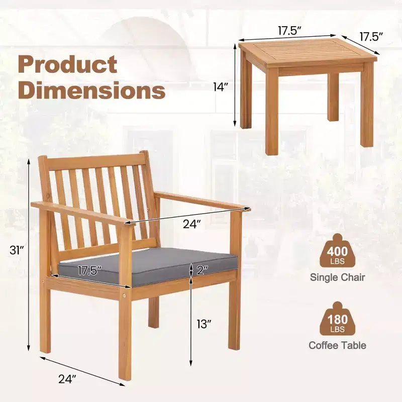 Ensemble de mobilier de patio en bois Costway, 3 pièces, chaises et table basse en bois d’acacia avec coussins moelleux, gris/blanc
