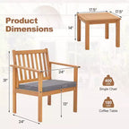 Ensemble de mobilier de patio en bois Costway, 3 pièces, chaises et table basse en bois d’acacia avec coussins moelleux, gris/blanc