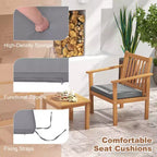 Ensemble de mobilier de patio en bois Costway, 3 pièces, chaises et table basse en bois d’acacia avec coussins moelleux, gris/blanc