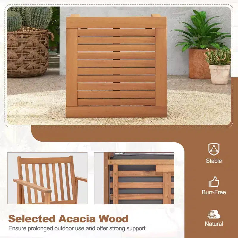 Ensemble de mobilier de patio en bois Costway, 3 pièces, chaises et table basse en bois d’acacia avec coussins moelleux, gris/blanc