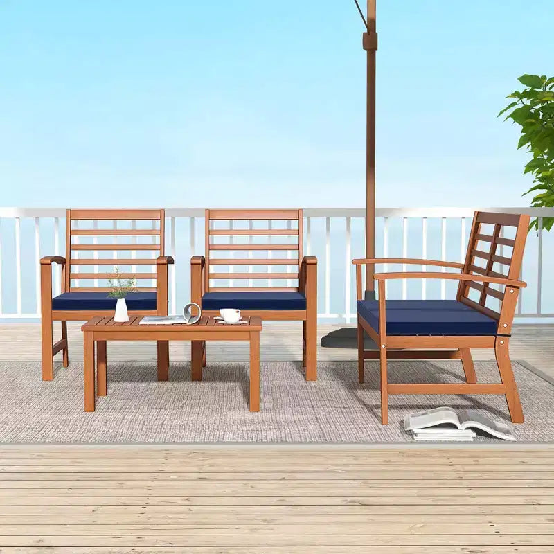 Costway 4-delige tuinmeubelset voor buiten met zachte zitkussens, stabiel frame van acaciahout, wit/marineblauw/grijs