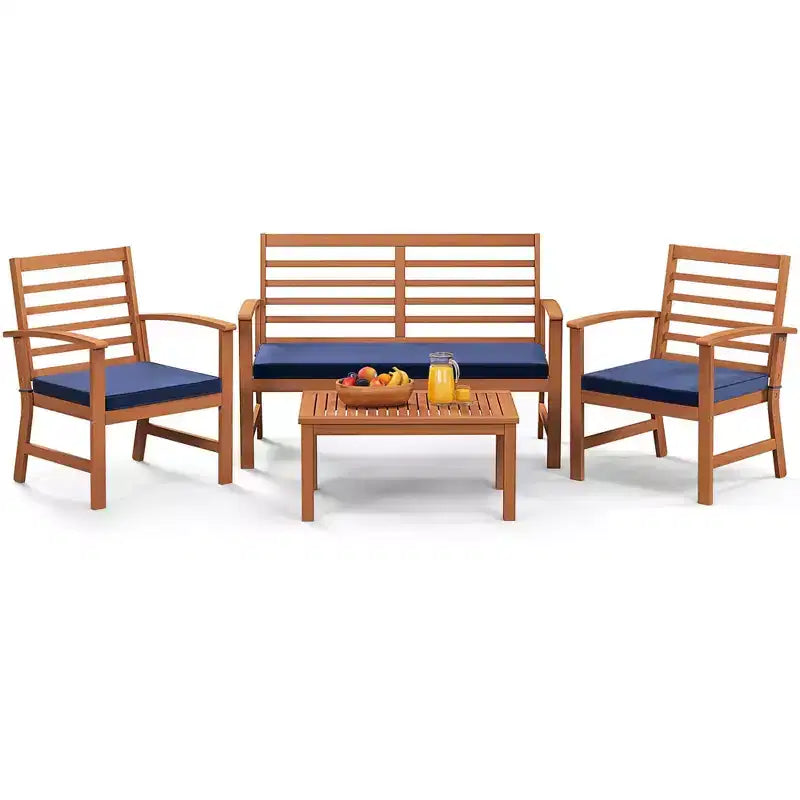 Costway 4-delige tuinmeubelset voor buiten met zachte zitkussens, stabiel frame van acaciahout, wit/marineblauw/grijs