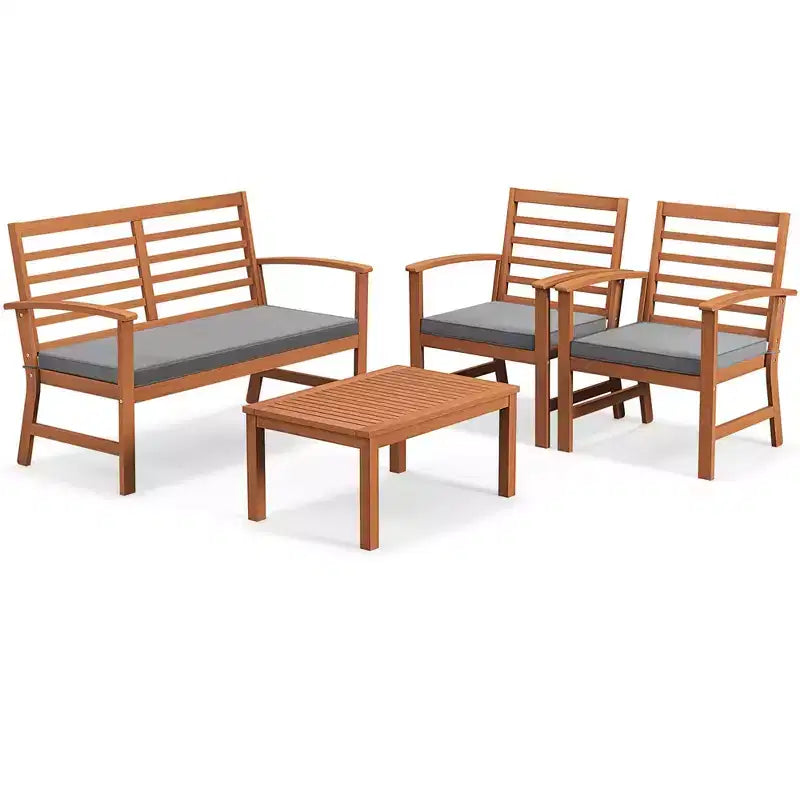 Costway 4-delige tuinmeubelset voor buiten met zachte zitkussens, stabiel frame van acaciahout, wit/marineblauw/grijs