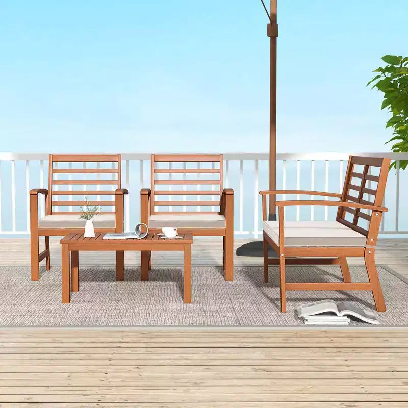 Costway 4-delige tuinmeubelset voor buiten met zachte zitkussens, stabiel frame van acaciahout, wit/marineblauw/grijs