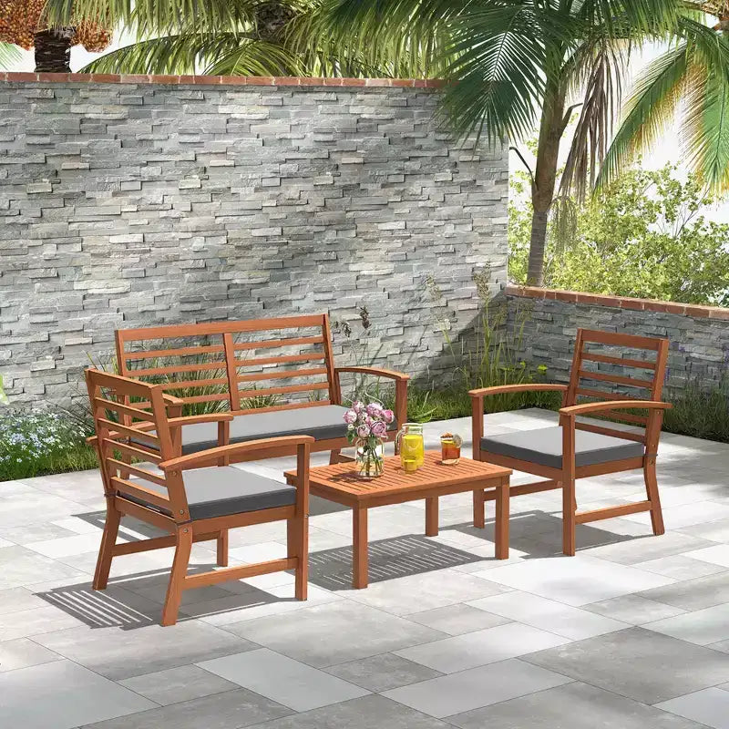 Costway 4 PCS Outdoor Furniture Set with Soft Seat Cushions Stable Acacia Wood Frame White/Navy/Gray