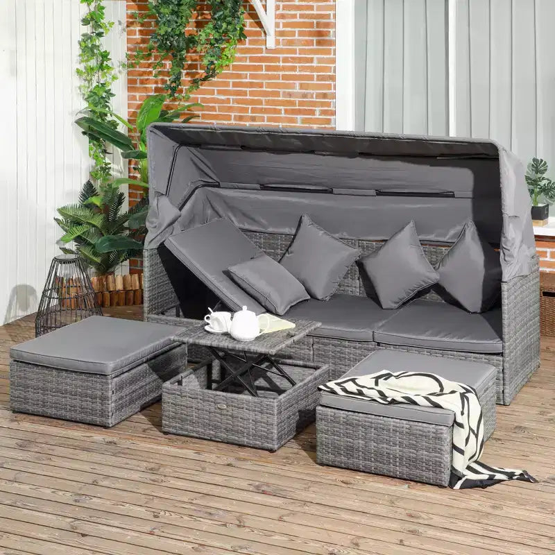 Conjunto de sofá de ratán ajustable de 4 piezas para exteriores Outsunny, conjunto de muebles de mimbre para patio con mesa de centro de altura ajustable y cojines