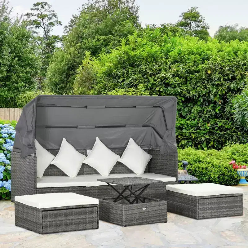 Conjunto de sofá de ratán ajustable de 4 piezas para exteriores Outsunny, conjunto de muebles de mimbre para patio con mesa de centro de altura ajustable y cojines