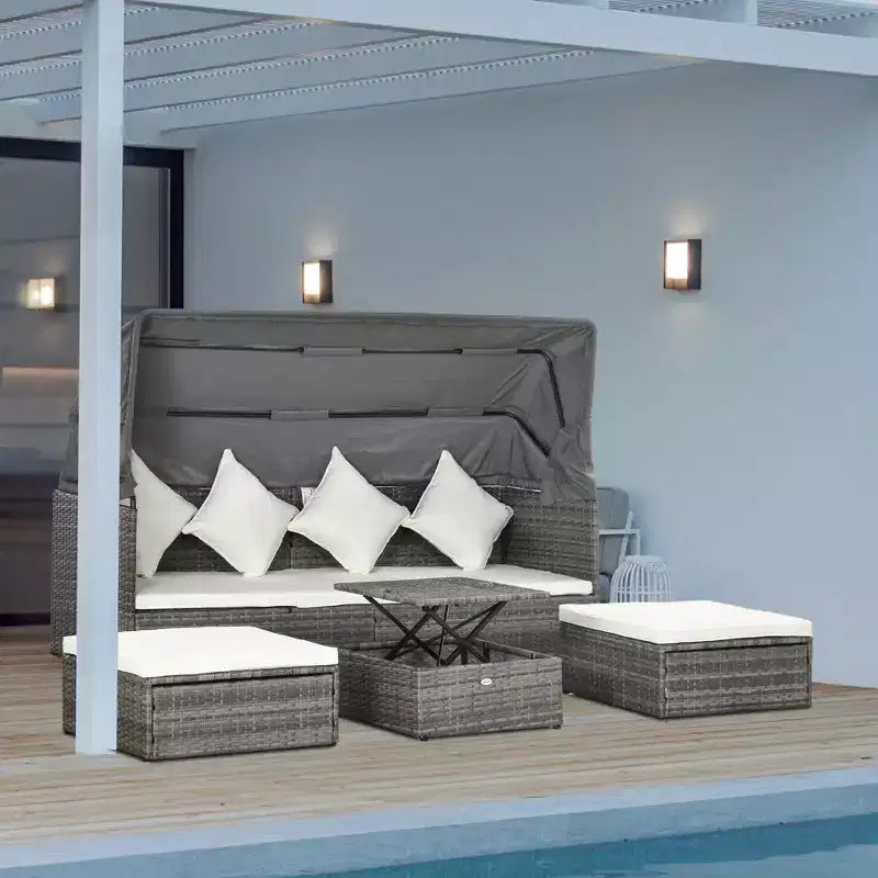 Conjunto de sofá de ratán ajustable de 4 piezas para exteriores Outsunny, conjunto de muebles de mimbre para patio con mesa de centro de altura ajustable y cojines
