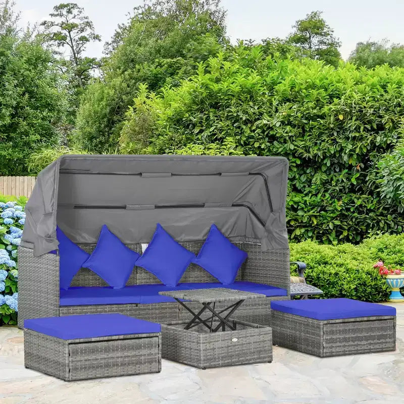 Conjunto de sofá de ratán ajustable de 4 piezas para exteriores Outsunny, conjunto de muebles de mimbre para patio con mesa de centro de altura ajustable y cojines