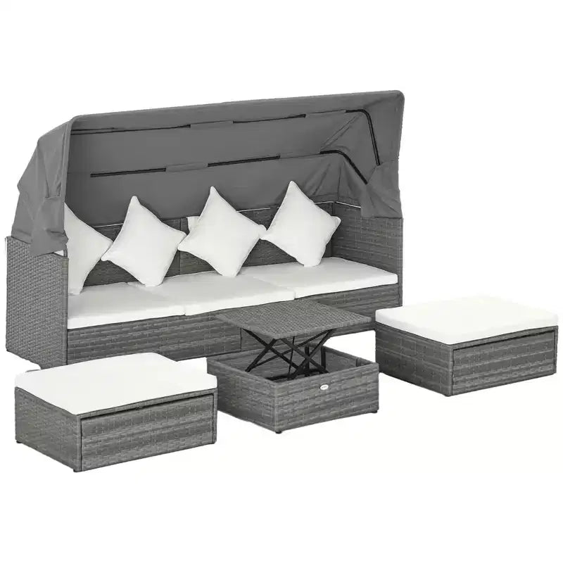Outsunny 4 Piece Adjustable Canopy Outdoor Rattan Sofa Set, Wicker Patio Furniture Set with Height Adjustable Coffee Table & Cushions