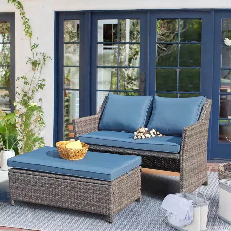 Conjunto de 2 piezas de sofá de dos plazas y mesa de centro de mimbre para patio exterior Sunsitt, con compartimento de almacenamiento integrado