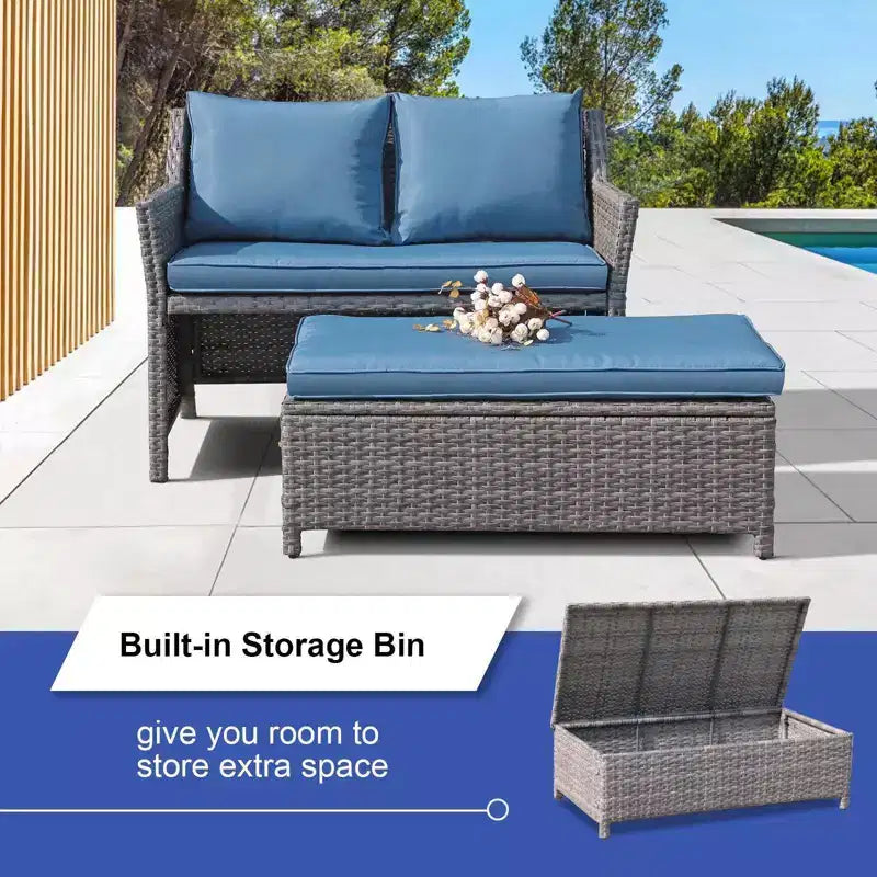 Conjunto de 2 piezas de sofá de dos plazas y mesa de centro de mimbre para patio exterior Sunsitt, con compartimento de almacenamiento integrado