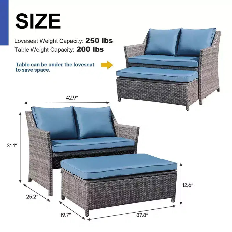 Conjunto de 2 piezas de sofá de dos plazas y mesa de centro de mimbre para patio exterior Sunsitt, con compartimento de almacenamiento integrado