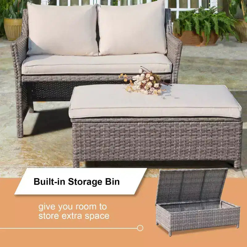 Conjunto de 2 piezas de sofá de dos plazas y mesa de centro de mimbre para patio exterior Sunsitt, con compartimento de almacenamiento integrado