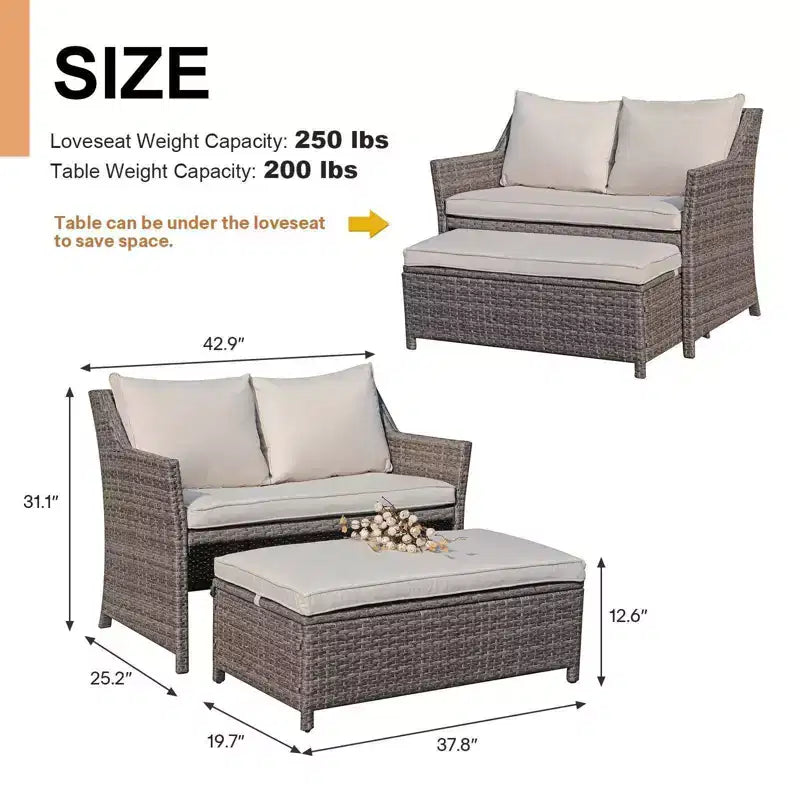Conjunto de 2 piezas de sofá de dos plazas y mesa de centro de mimbre para patio exterior Sunsitt, con compartimento de almacenamiento integrado