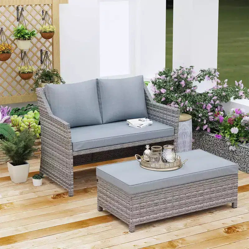 Conjunto de 2 piezas de sofá de dos plazas y mesa de centro de mimbre para patio exterior Sunsitt, con compartimento de almacenamiento integrado