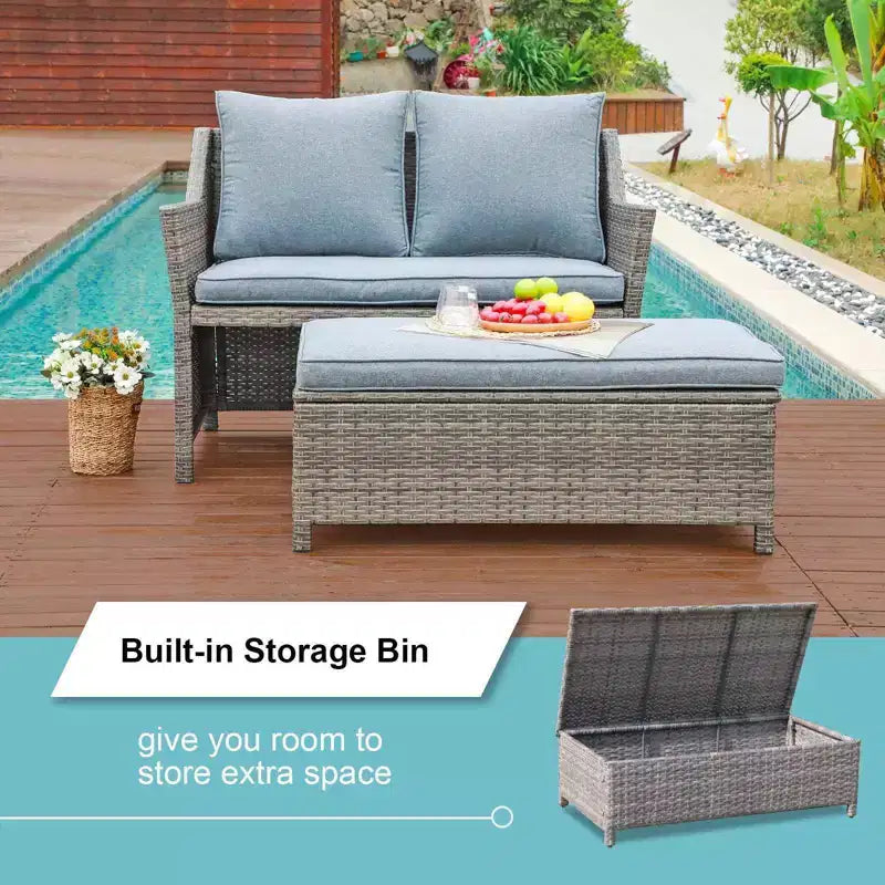 Conjunto de 2 piezas de sofá de dos plazas y mesa de centro de mimbre para patio exterior Sunsitt, con compartimento de almacenamiento integrado