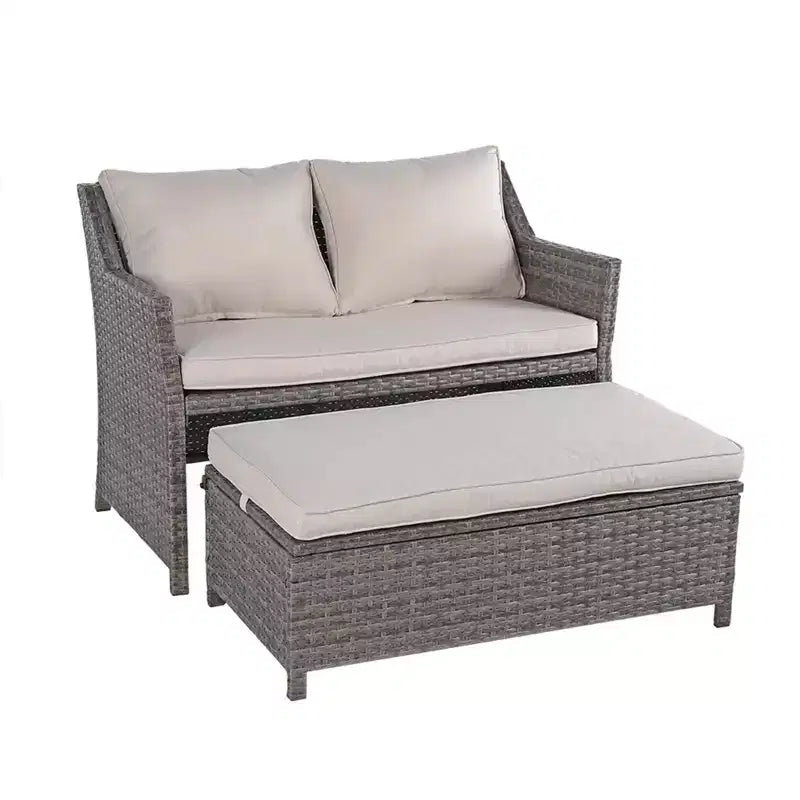 Sunsitt 2pc Wicker Outdoor Patio Wicker Loveseat and Coffee Table Set with Built-in Storage Bin