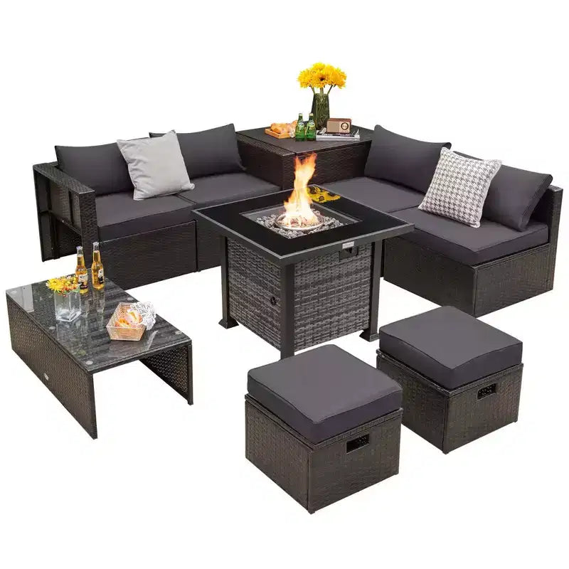Costway 9-delige terrasmeubelset met propaanvuurtafel van 50.000 BTU in zwart/grijs/marineblauw/rood/wit/turquoise
