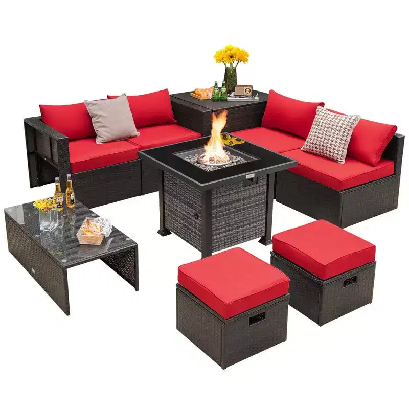 Costway 9-delige terrasmeubelset met propaanvuurtafel van 50.000 BTU in zwart/grijs/marineblauw/rood/wit/turquoise