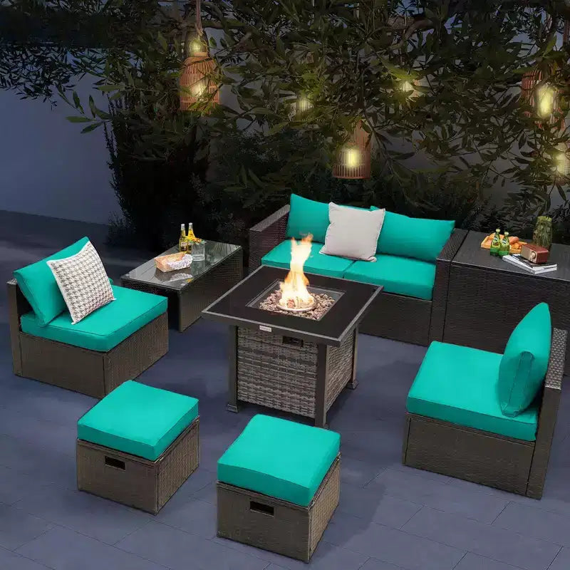 Costway 9-delige terrasmeubelset met propaanvuurtafel van 50.000 BTU in zwart/grijs/marineblauw/rood/wit/turquoise