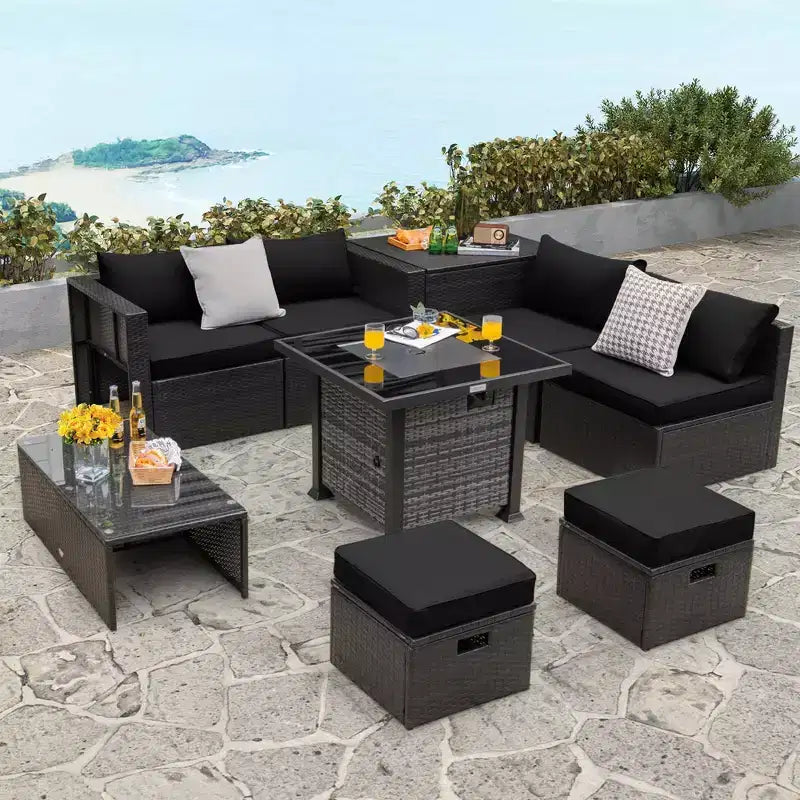 Costway 9 Pieces Patio Furniture Set with 50,000 BTU Propane Fire Pit Table Black/Gray/Navy/Red/White/Turquoise