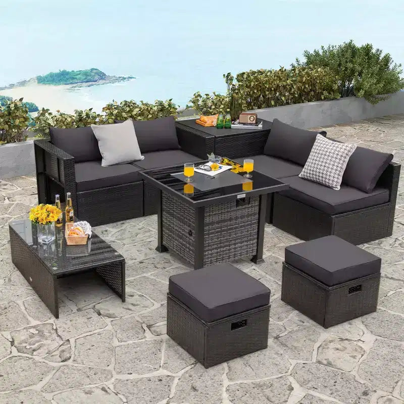 Set di mobili da patio Costway da 9 pezzi con tavolo braciere a propano da 50.000 BTU, nero/grigio/blu navy/rosso/bianco/turchese