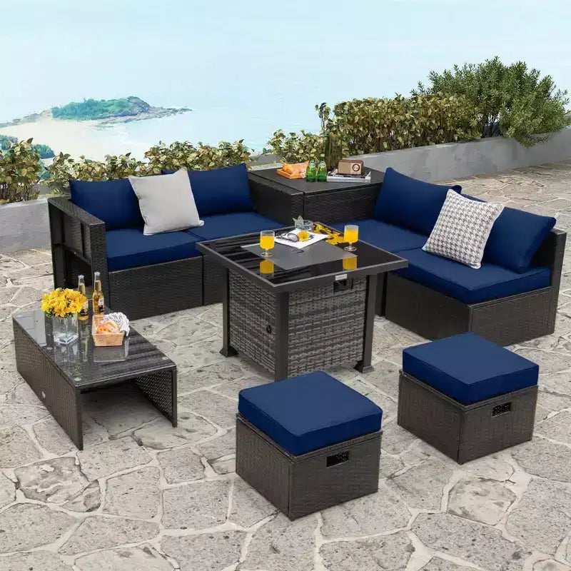 Set di mobili da patio Costway da 9 pezzi con tavolo braciere a propano da 50.000 BTU, nero/grigio/blu navy/rosso/bianco/turchese