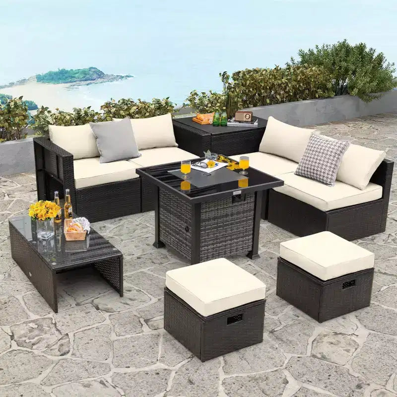 Set di mobili da patio Costway da 9 pezzi con tavolo braciere a propano da 50.000 BTU, nero/grigio/blu navy/rosso/bianco/turchese