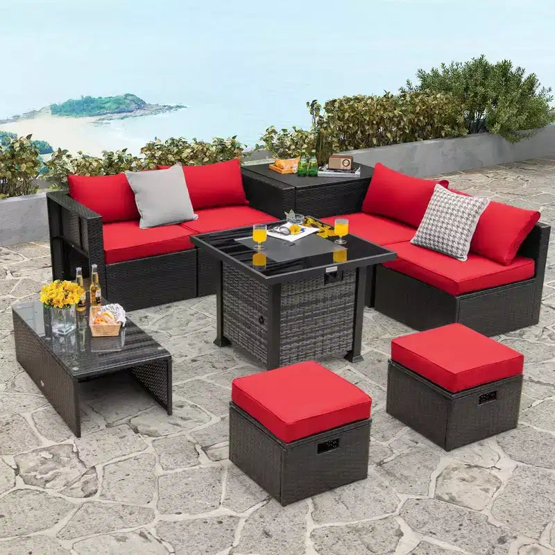 Set di mobili da patio Costway da 9 pezzi con tavolo braciere a propano da 50.000 BTU, nero/grigio/blu navy/rosso/bianco/turchese