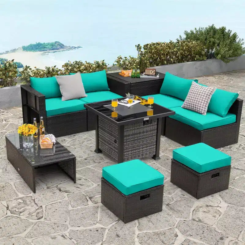 Set di mobili da patio Costway da 9 pezzi con tavolo braciere a propano da 50.000 BTU, nero/grigio/blu navy/rosso/bianco/turchese