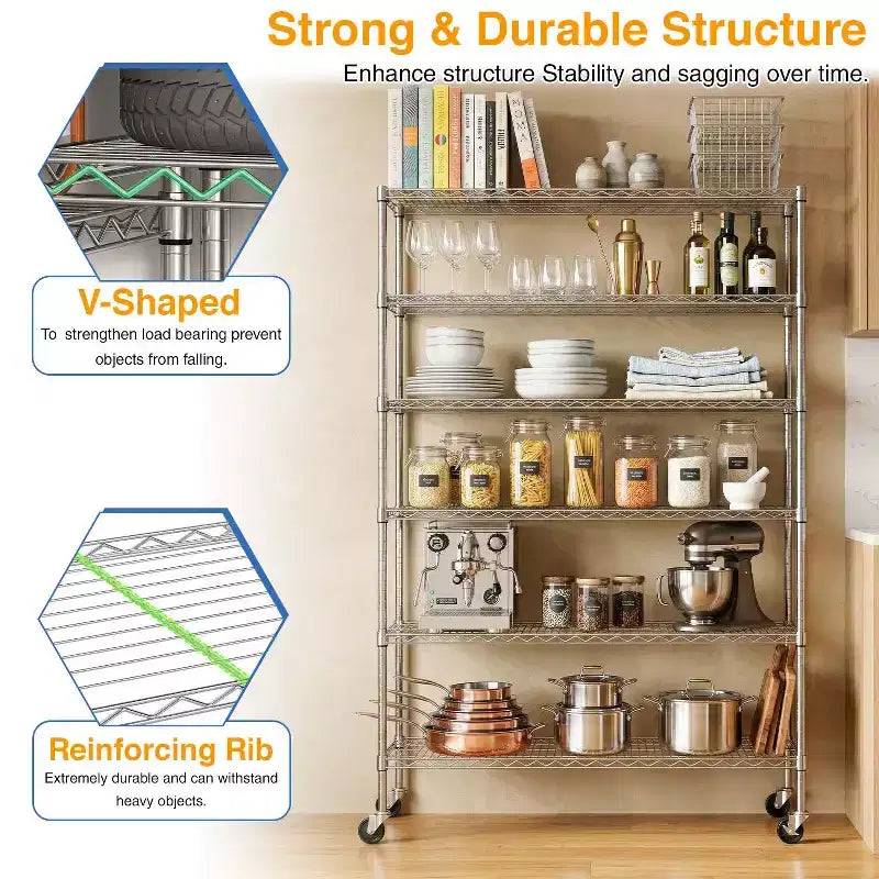 6-Tier Commercial Wire Shelving Unit with Wheels and Leveling Feet