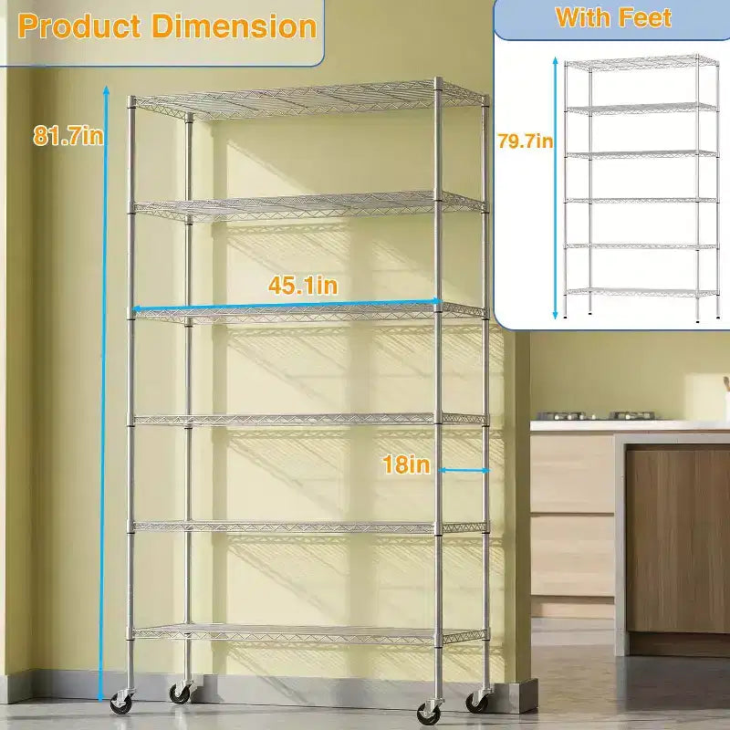 6-Tier Commercial Wire Shelving Unit with Wheels and Leveling Feet