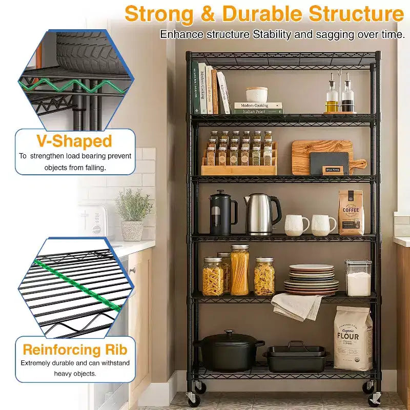 6-Tier Commercial Wire Shelving Unit with Wheels and Leveling Feet