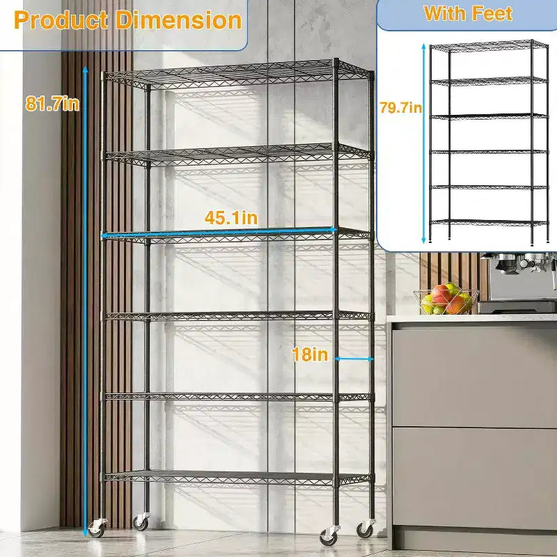 6-Tier Commercial Wire Shelving Unit with Wheels and Leveling Feet