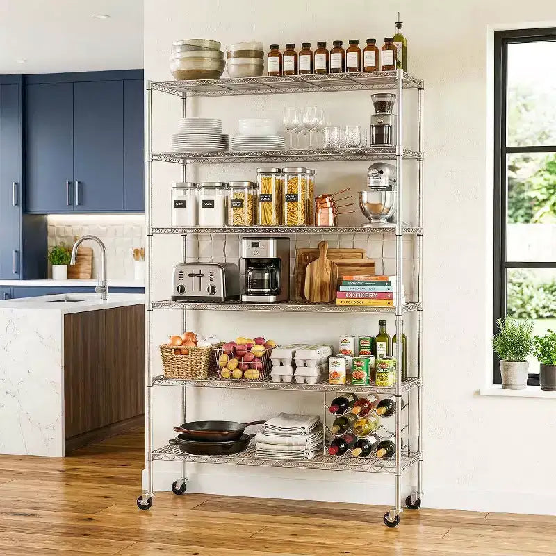 6-Tier Commercial Wire Shelving Unit with Wheels and Leveling Feet