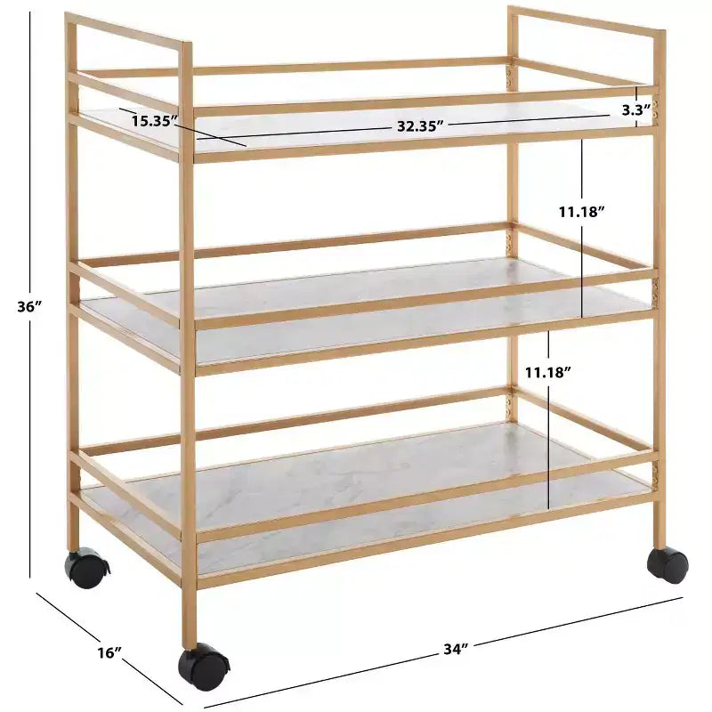 3-Tier Bar Serving Cart with Faux Marble Shelves and Casters