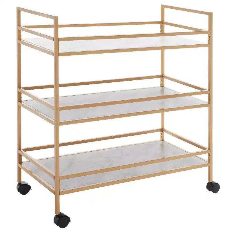 3-Tier Bar Serving Cart with Faux Marble Shelves and Casters