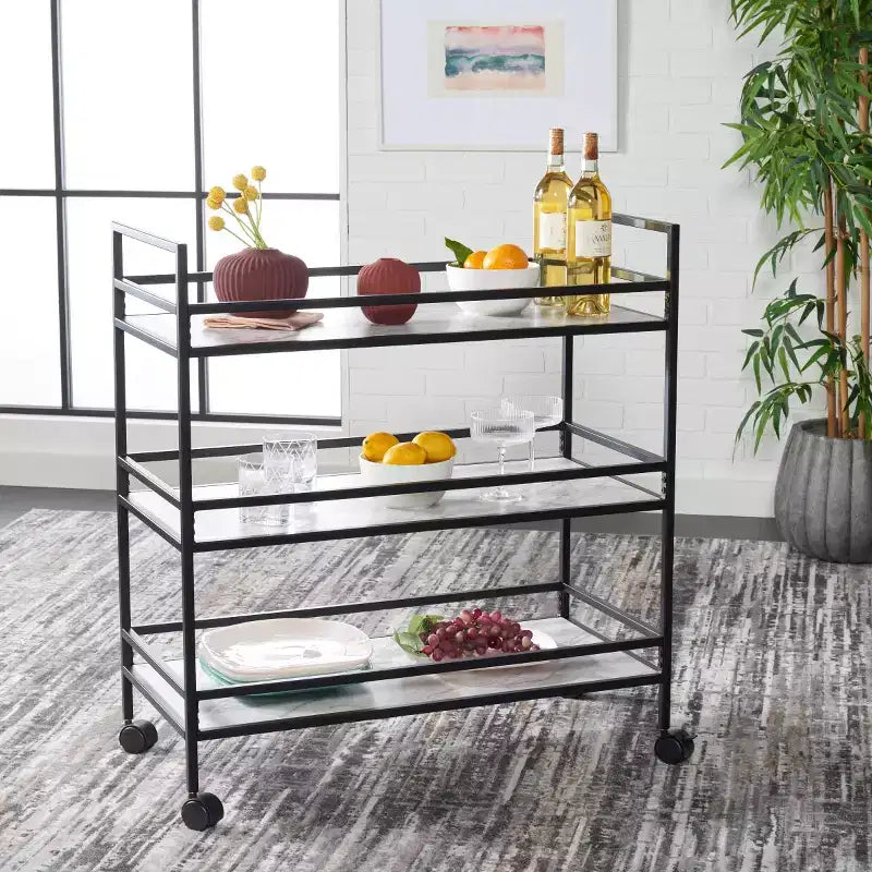 3-Tier Bar Serving Cart with Faux Marble Shelves and Casters